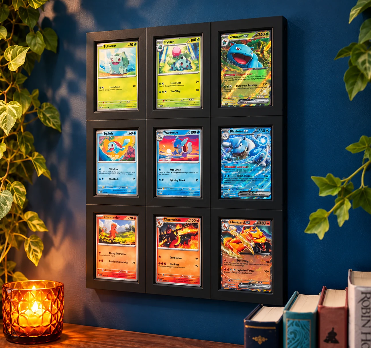 Nine matte-black card frames arranged in a grid on a deep blue wall